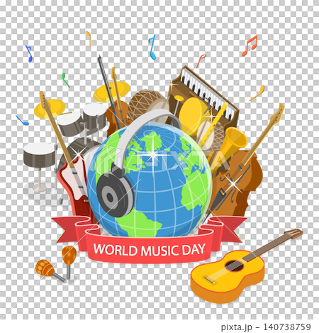 3D Isometric Flat  Illustration of World Music Day, 21 June, Featuring Musical Instruments And Notes 140738759