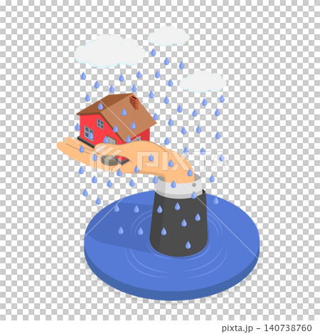3D Isometric Flat  Illustration of Flood Insurance, Enormous Hand Shields Home From Flooding 140738760