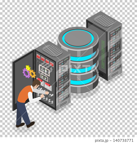 3D Isometric Flat Illustration of Server Rack, Sysadmin Engineer Managing Switchboard In Server-Rack Cabinet 3D Isometric Flat Illustration of Server Rack, Sysadmin Engineer Managing Switchboard In Server-Rack Cabinet 140738771