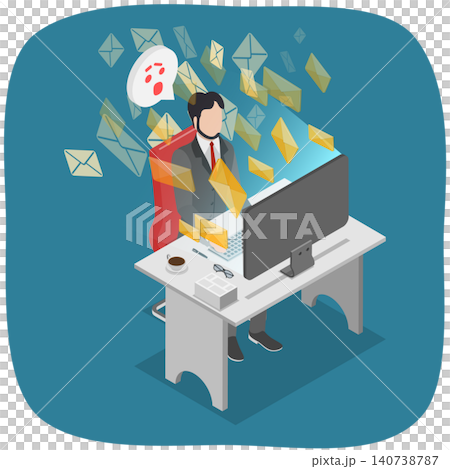 3D Isometric Flat Illustration of Email Overload, Businessman Struggling With E-mails At Desk 3D Isometric Flat Illustration of Email Overload, Businessman Struggling With E-mails At Desk 140738787