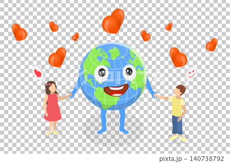 3D Isometric Flat Illustration of Happy Earth With Kids, Joyful Earth Character Embracing Kids Amid Hearts Symbolizing Planet Love. 3D Isometric Flat Illustration of Happy Earth With Kids, Joyful Earth Character Embracing Kids Amid Hearts Symbolizing Planet Love. 140738792