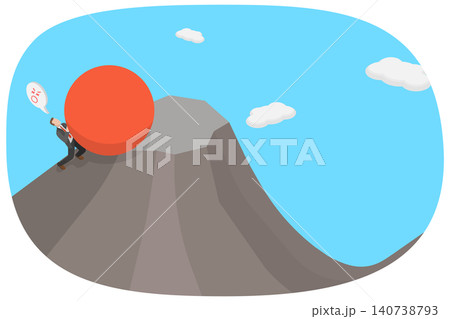 3D Isometric Flat  Illustration of Futile Task, Business Professional Pushing Boulder Uphill 140738793