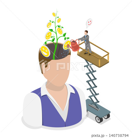 3D Isometric Flat  Illustration of Happy Brain, Person Joyfully Watering Seedling With Brain To Grow Smiling Face Plant. 140738794