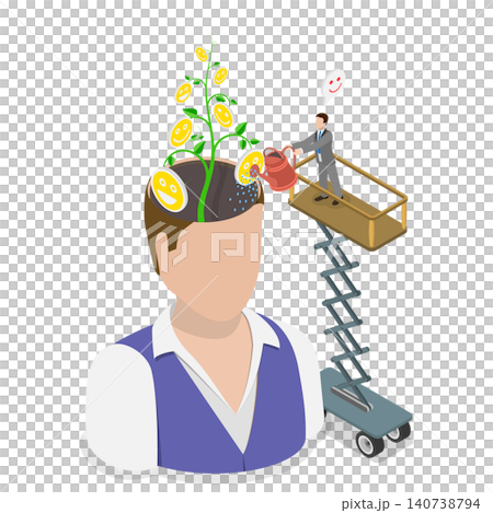 3D Isometric Flat  Illustration of Happy Brain, Person Joyfully Watering Seedling With Brain To Grow Smiling Face Plant. 140738794