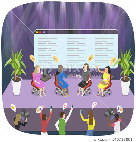 3D Isometric Flat Illustration of Debates, Speakers Presenting At Science Forum On Auditorium Stage In Front Of Live Audience 3D Isometric Flat Illustration of Debates, Speakers Presenting At Science Forum On Auditorium Stage In Front Of Live Audience 140738801