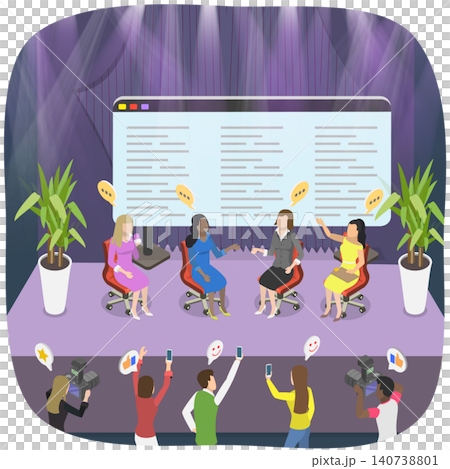 3D Isometric Flat Illustration of Debates, Speakers Presenting At Science Forum On Auditorium Stage In Front Of Live Audience 3D Isometric Flat Illustration of Debates, Speakers Presenting At Science Forum On Auditorium Stage In Front Of Live Audience 140738801