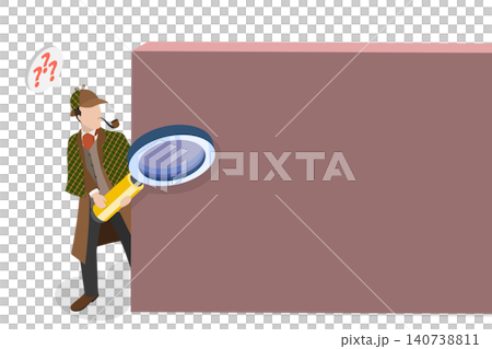 3D Isometric Flat Illustration of Mystery Detective, Detective Uncovering A Mystery Behind A Wall. 3D Isometric Flat Illustration of Mystery Detective, Detective Uncovering A Mystery Behind A Wall. 140738811