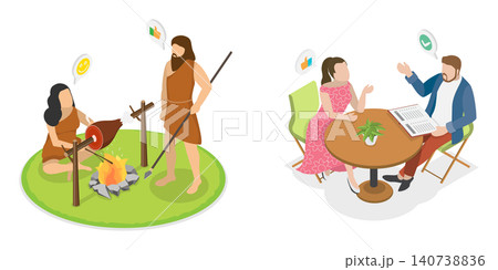 3D Isometric Flat Illustration of Primitive Vs Modern Couple, Evolution Of Cave Primitive Life 3D Isometric Flat Illustration of Primitive Vs Modern Couple, Evolution Of Cave Primitive Life 140738836