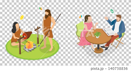 3D Isometric Flat Illustration of Primitive Vs Modern Couple, Evolution Of Cave Primitive Life 3D Isometric Flat Illustration of Primitive Vs Modern Couple, Evolution Of Cave Primitive Life 140738836