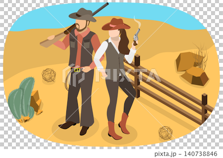 3D Isometric Flat Illustration of Wild West Couple, The Infamous Criminal Duo 3D Isometric Flat Illustration of Wild West Couple, The Infamous Criminal Duo 140738846