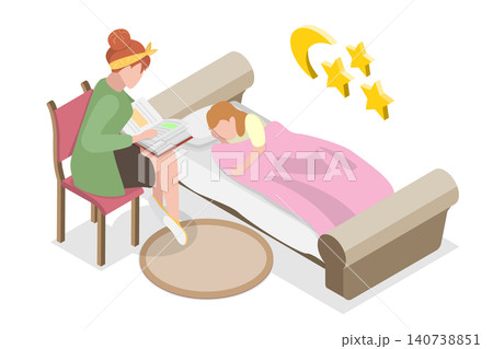 3D Isometric Flat Illustration of Bedtime Story, Joyful Child Enjoys Story Time With Mother. 3D Isometric Flat Illustration of Bedtime Story, Joyful Child Enjoys Story Time With Mother. 140738851