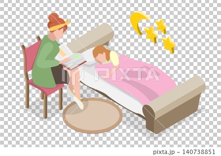 3D Isometric Flat Illustration of Bedtime Story, Joyful Child Enjoys Story Time With Mother. 3D Isometric Flat Illustration of Bedtime Story, Joyful Child Enjoys Story Time With Mother. 140738851