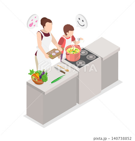 3D Isometric Flat Illustration of Cooking With Mom, Young Child Assisting Mother In Preparing A Pot Of Soup. 3D Isometric Flat Illustration of Cooking With Mom, Young Child Assisting Mother In Preparing A Pot Of Soup. 140738852