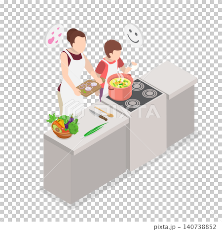 3D Isometric Flat Illustration of Cooking With Mom, Young Child Assisting Mother In Preparing A Pot Of Soup. 3D Isometric Flat Illustration of Cooking With Mom, Young Child Assisting Mother In Preparing A Pot Of Soup. 140738852