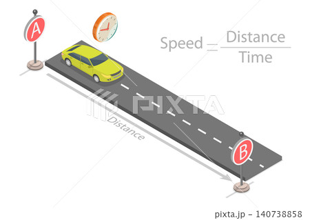 3D Isometric Flat Illustration of Motion of a Car in a Straight Line, Formula For Calculating Speed In Physics 3D Isometric Flat Illustration of Motion of a Car in a Straight Line, Formula For Calculating Speed In Physics 140738858