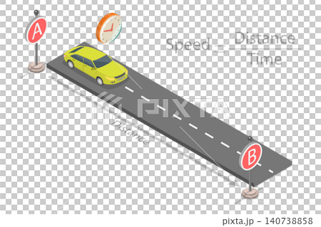 3D Isometric Flat Illustration of Motion of a Car in a Straight Line, Formula For Calculating Speed In Physics 3D Isometric Flat Illustration of Motion of a Car in a Straight Line, Formula For Calculating Speed In Physics 140738858
