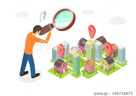 3D Isometric Flat Illustration of Real Estate Search, Man Using Magnifying Glass To Select Building For Business Purposes. 3D Isometric Flat Illustration of Real Estate Search, Man Using Magnifying Glass To Select Building For Business Purposes. 140738873