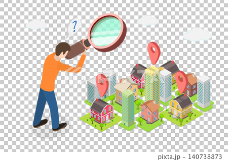3D Isometric Flat Illustration of Real Estate Search, Man Using Magnifying Glass To Select Building For Business Purposes. 3D Isometric Flat Illustration of Real Estate Search, Man Using Magnifying Glass To Select Building For Business Purposes. 140738873