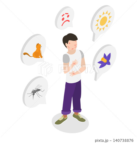 3D Isometric Flat Illustration of Skin Allergies, Young Boy Experiencing Severe Allergic Skin Itch 3D Isometric Flat Illustration of Skin Allergies, Young Boy Experiencing Severe Allergic Skin Itch 140738876