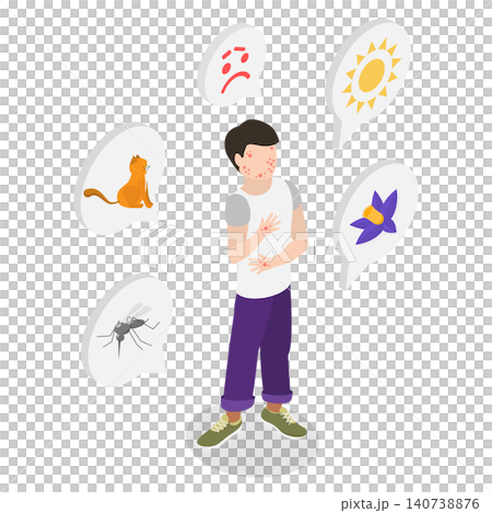 3D Isometric Flat Illustration of Skin Allergies, Young Boy Experiencing Severe Allergic Skin Itch 3D Isometric Flat Illustration of Skin Allergies, Young Boy Experiencing Severe Allergic Skin Itch 140738876