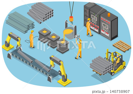 3D Isometric Flat Illustration of Steel Industry, Steelworks With Mining, Smelting, And Hot Steel Pouring 3D Isometric Flat Illustration of Steel Industry, Steelworks With Mining, Smelting, And Hot Steel Pouring 140738907