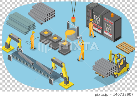 3D Isometric Flat Illustration of Steel Industry, Steelworks With Mining, Smelting, And Hot Steel Pouring 3D Isometric Flat Illustration of Steel Industry, Steelworks With Mining, Smelting, And Hot Steel Pouring 140738907