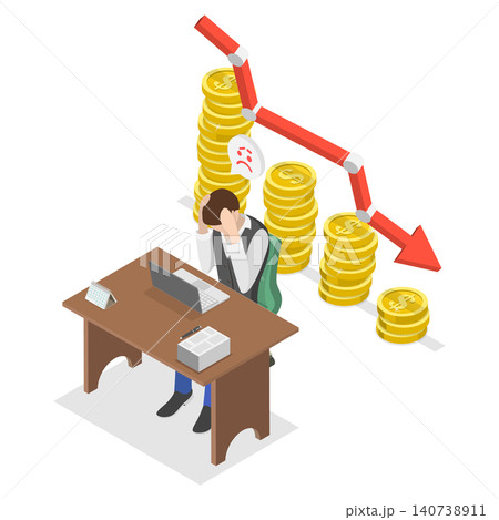 3D Isometric Flat  Illustration of Lost Investment, Unsuccessful Investor Loses Money Trading Stocks 140738911