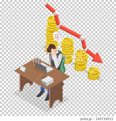 3D Isometric Flat  Illustration of Lost Investment, Unsuccessful Investor Loses Money Trading Stocks 140738911