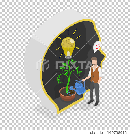 3D Isometric Flat Illustration of Growth Mindset, Watering Plants With A Light Bulb 3D Isometric Flat Illustration of Growth Mindset, Watering Plants With A Light Bulb 140738913