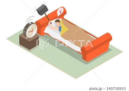 3D Isometric Flat  Illustration of Alarmclock, Man Smashes Alarm Clock With Hammer On Day Off To Avoid Hated Job. 140738933