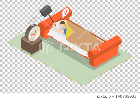 3D Isometric Flat  Illustration of Alarmclock, Man Smashes Alarm Clock With Hammer On Day Off To Avoid Hated Job. 140738933