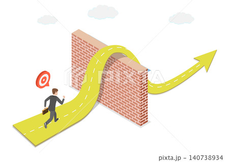3D Isometric Flat  Illustration of Barriers Overcoming, Successful Entrepreneur, Conquering Obstacles To Achieve Business Success. 140738934