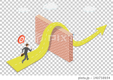 3D Isometric Flat  Illustration of Barriers Overcoming, Successful Entrepreneur, Conquering Obstacles To Achieve Business Success. 140738934