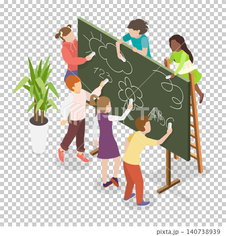 3D Isometric Flat Illustration of Blackboard, Kids Write On Chalkboard In School. 3D Isometric Flat Illustration of Blackboard, Kids Write On Chalkboard In School. 140738939