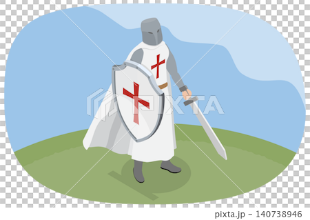 3D Isometric Flat Illustration of Crusader Knight, Templar with Sword And Shield In Dramatic Landscape 3D Isometric Flat Illustration of Crusader Knight, Templar with Sword And Shield In Dramatic Landscape 140738946