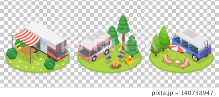 3D Isometric Flat Illustration of Motorhomes, Vintage Campers Parked Outdoors In A Rustic Setting. 3D Isometric Flat Illustration of Motorhomes, Vintage Campers Parked Outdoors In A Rustic Setting. 140738947