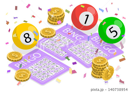 3D Isometric Flat  Illustration of Bingo, Winning Money, And Receiving Prizes In A Casino. 140738954