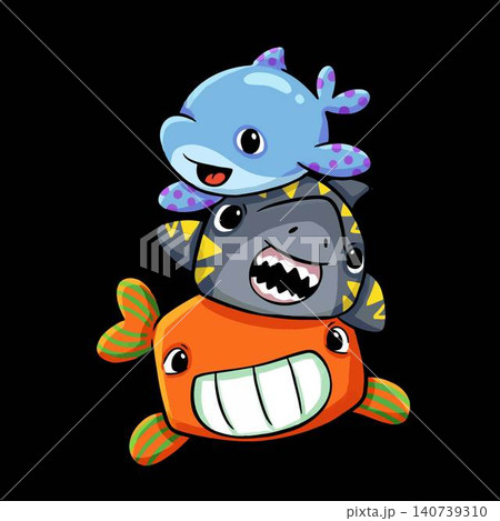 Adorable illustration featuring a stacked blue dolphin, grey shark, and a smiling orange fish. Adorable illustration featuring a stacked blue dolphin, grey shark, and a smiling orange fish. 140739310
