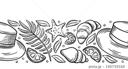 Summer black and white hand-drawn frames for travel, menus, restaurants, and cafes. Coconut, drinks, summer, shells 140739388