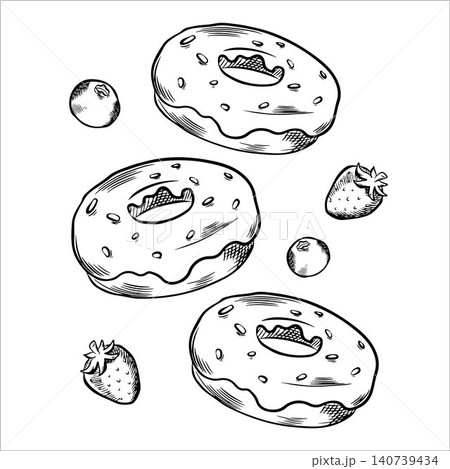 Composition with vector sweets, donut with berries. Donuts, sweets, pastries for menus, decor, elements Composition with vector sweets, donut with berries. Donuts, sweets, pastries for menus, decor, elements 140739434