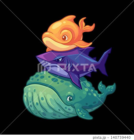 Cartoon illustration of stacked ocean animals featuring a green whale, purple shark and orange fish. Cartoon illustration of stacked ocean animals featuring a green whale, purple shark and orange fish. 140739440