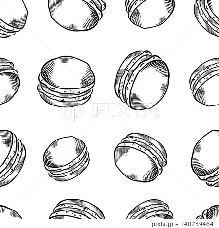 Vector sweets background. Seamless hand-drawn pattern with black and white French sweets and macarons for fabric, decor, and elements 140739464