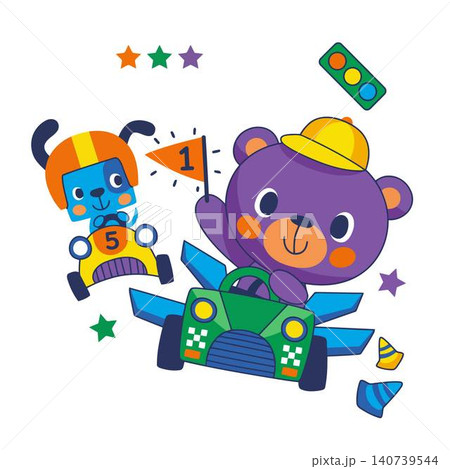 Adorable cartoon illustration of a purple bear and blue dog driving racing cars with a winner flag. Adorable cartoon illustration of a purple bear and blue dog driving racing cars with a winner flag. 140739544
