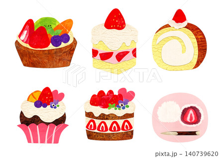 コラージュ手書き風　苺スイーツセット（タルト、ロールケーキ、カップケーキ、苺大福、ショートケーキ） 140739620