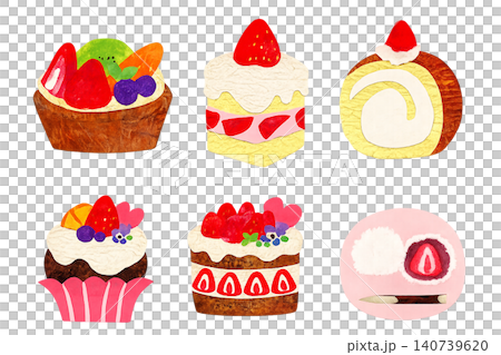 コラージュ手書き風　苺スイーツセット（タルト、ロールケーキ、カップケーキ、苺大福、ショートケーキ） 140739620