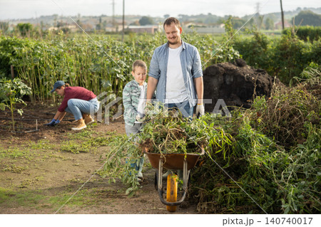 man and his son collect branches in a garden man and his son collect branches in a garden 140740017