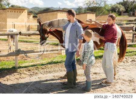 Family with child taking care of horse in pasture of horse farm Family with child taking care of horse in pasture of horse farm 140740029