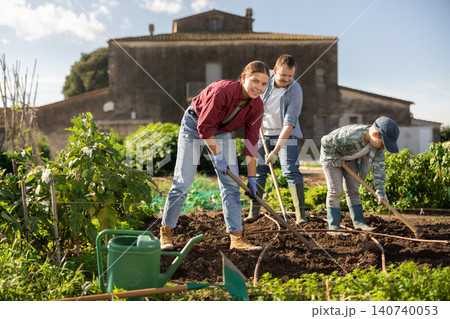Woman farmer weeds the beds for planting seeds with her family. Woman farmer weeds the beds for planting seeds with her family. 140740053