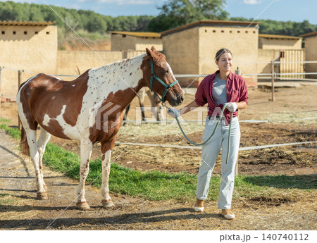 Young woman leading horse for walk Young woman leading horse for walk 140740112