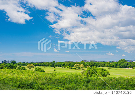 淀川左岸風景 河川敷ゴルフ場 大阪府枚方市 淀川左岸風景 河川敷ゴルフ場 大阪府枚方市 140740156